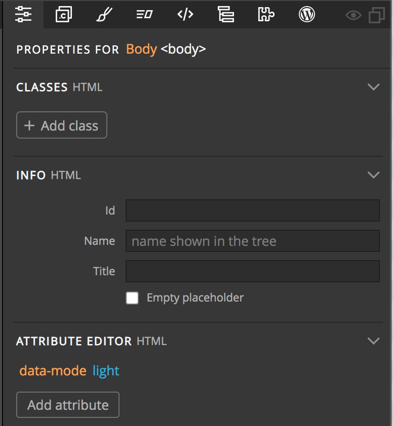 Adding the 'data-mode' attribute in the Pinegrow Properties panel