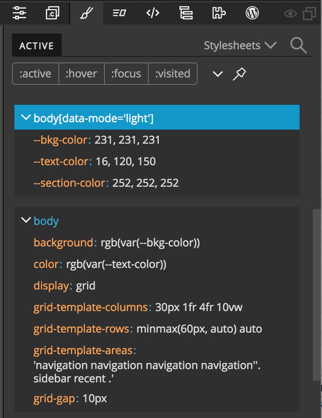 Adding rules for the  data-mode="light" ruleset in the Pinegrow Styles panel