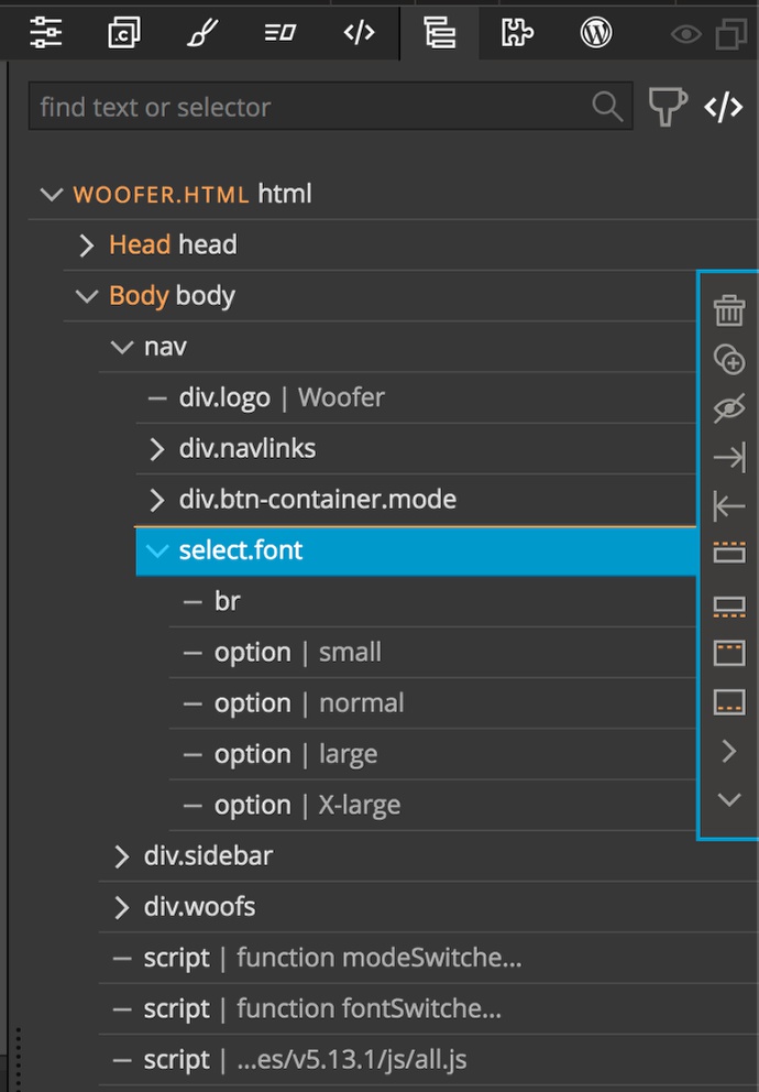 Font selector DOM structure in the Pinegrow Tree panel
