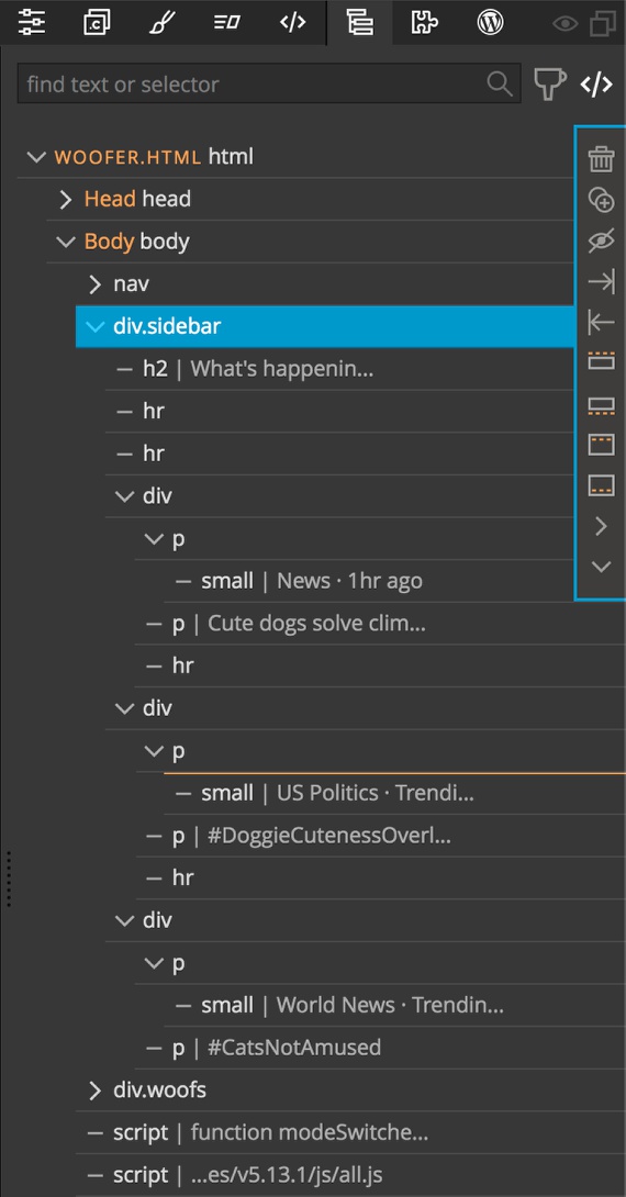 Sidebar DOM structure displayed in the Pinegrow Tree panel