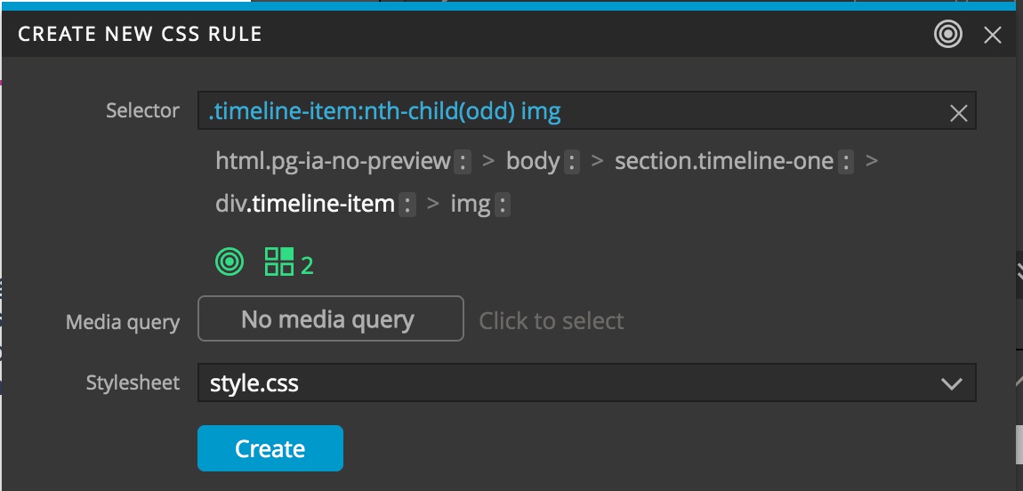 Creation of a new styleset rule with the Pinegrow Styles selector.