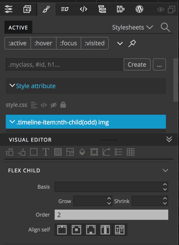 Adding a new rule and flex order in the Pinegrow Styles panel.