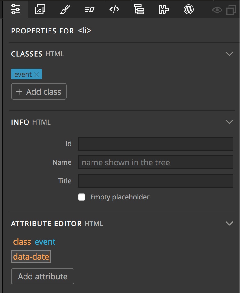 Attributes can be added in the Pinegrow Properties panel.