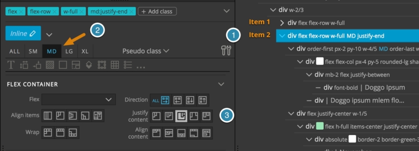 Adding Tailwind classes and queries in the Pinegrow Properties panel.