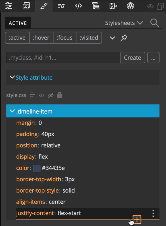 Adding new custom rules in the Pinegrow Styles panels is easy- just hover over the last rule.