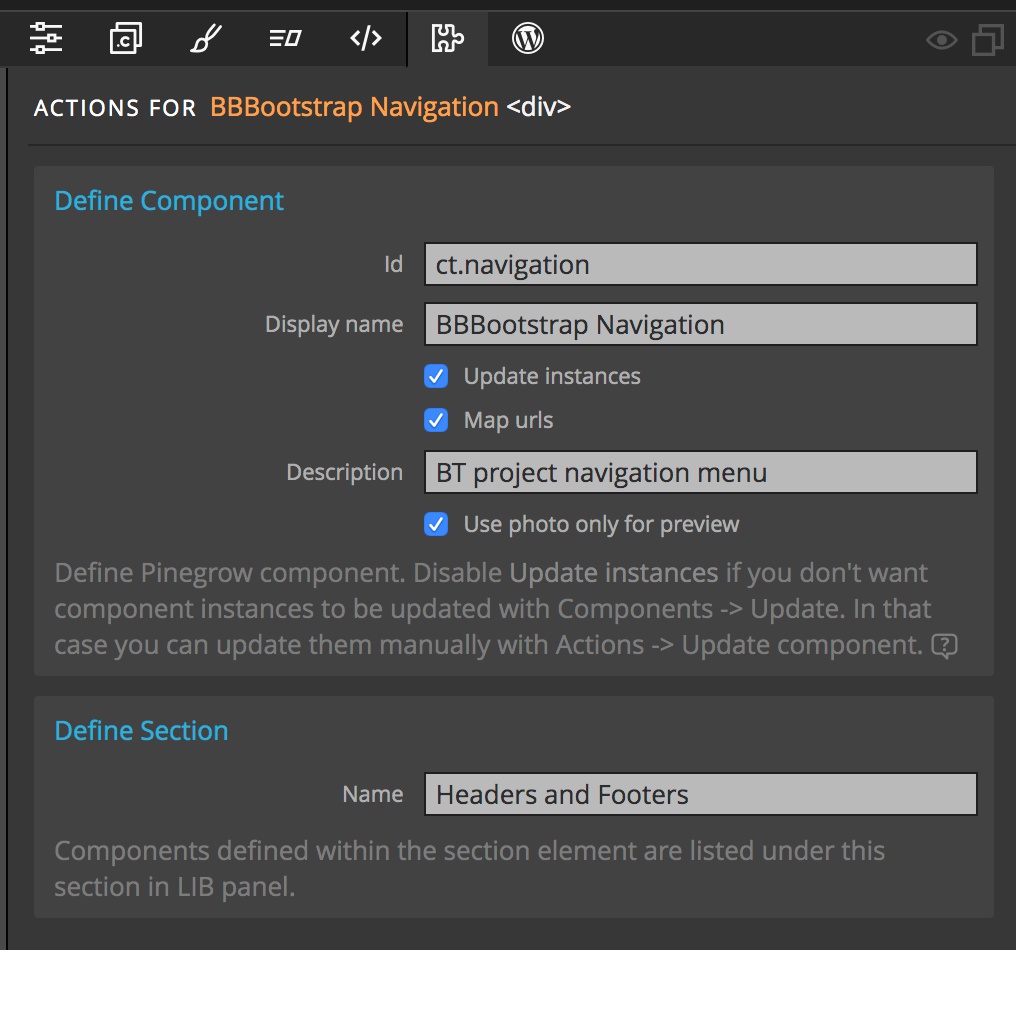 Screenshot of the Pinegrow Define Section settings