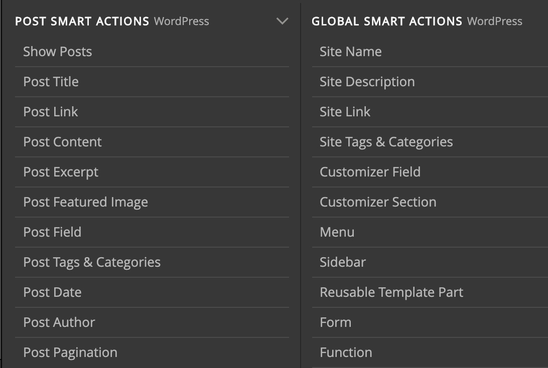 Two groups of smart WordPress actions.