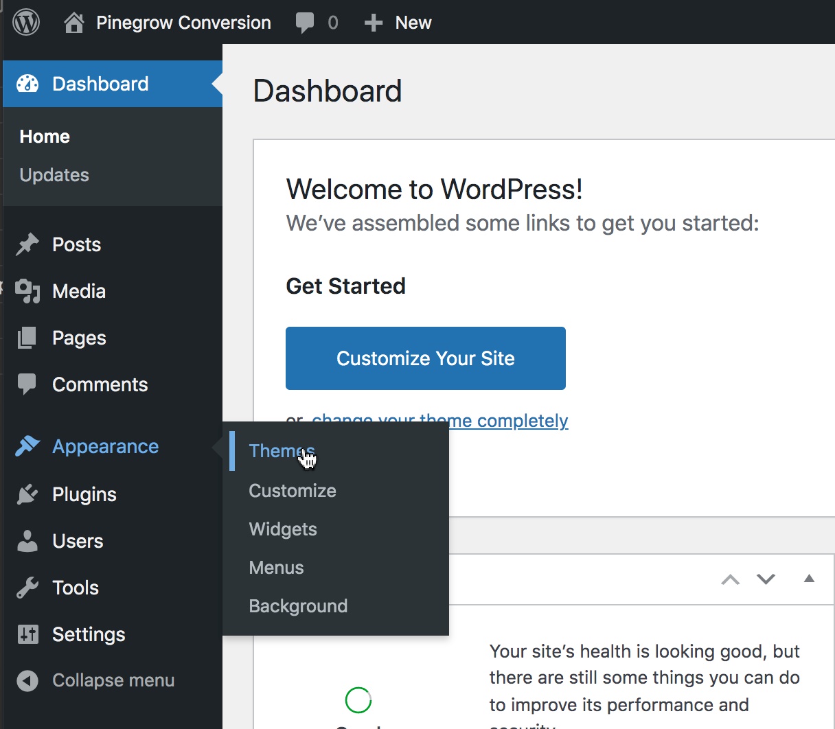 The WordPress dashboard with the theme setting highlighted
